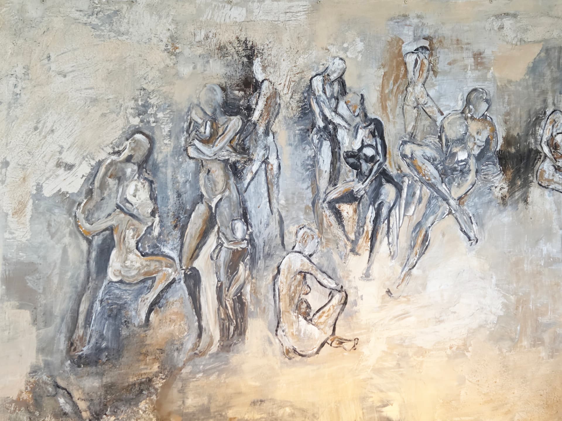 Malkurs am Bodensee bei Langenargen, abstrakte Figurenkomposition in Acryl und Mischtechnik